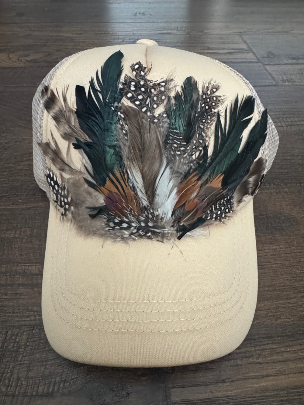 Feather Accent Beige Trucker Hat